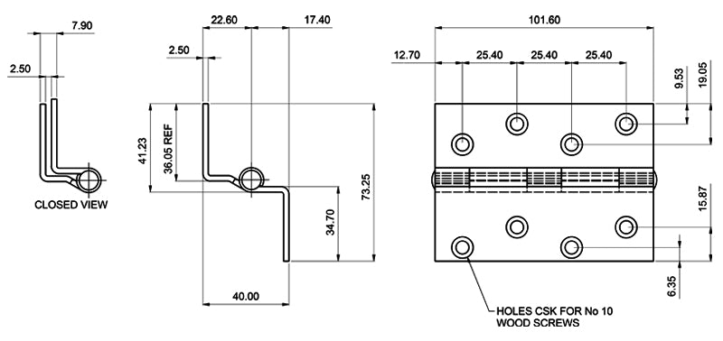 Stormproof Cranked Hinge - Stainless Steel 316 - Satin Polished - Staggered Holes - 102 x 73 x 2.5mm