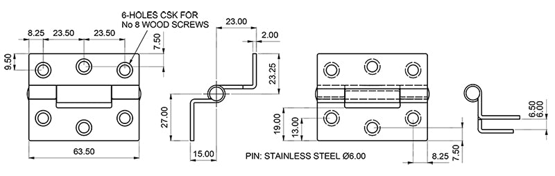 Stormproof Cranked Hinge - Stainless Steel 316 - Satin Polished - Staggered Holes - 64 x 50 x 2.0mm