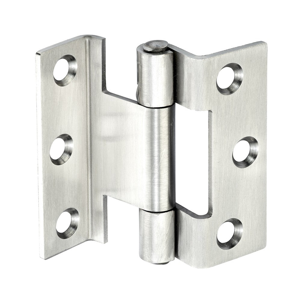 A satin polished stainless steel cranked hinge with staggered holes, designed for use on timber casements.