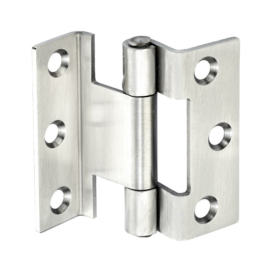 A satin polished stainless steel cranked hinge with staggered holes, designed for use on timber casements.