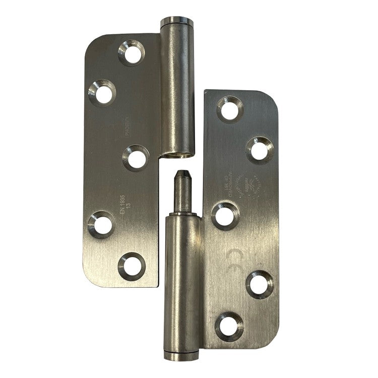7755 Concealed Bearing Lift Off Hinge - Radius Corner - W 5-Hole Pattern - Clockwise Close - Stainless Steel - Satin Polished 102 x 76 x 3mm