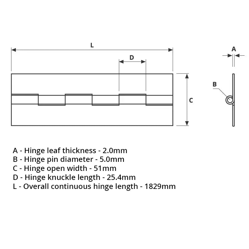 7812 Medium Duty Piano Hinge - Mild Steel - Self Colour- No Holes 1829 x 51 x 2.0 x 5.0mm Pin