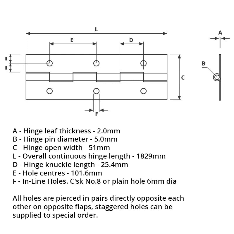 7812 Medium Duty Piano Hinge - Mild Steel - Self Colour - In-line Holes 1829 x 51 x 2.0 x 5.0mm Pin