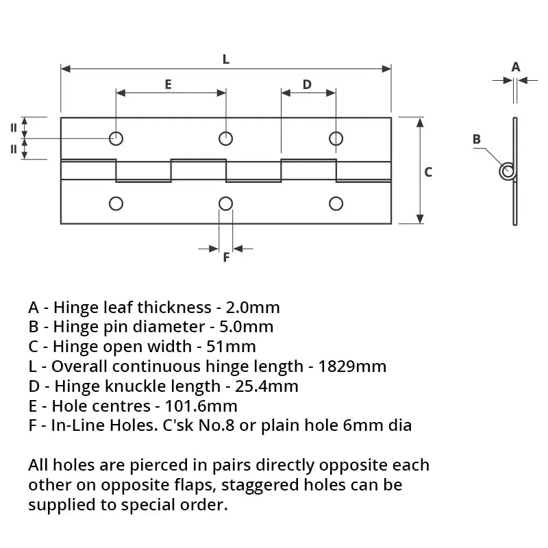 7812 Medium Duty Piano Hinge - Stainless Steel - Satin Polished - In-line Holes 1829 x 51 x 2.0 x 5.0mm Pin