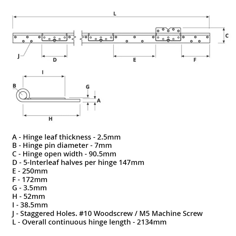 56135 Interleaf Piano Hinge - Stainless Steel - Satin Polished - Staggered Holes 2134 x 90.5 x 2.5 x 7mm Pin
