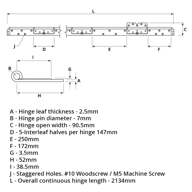 56135AL Interleaf Piano Hinge - Reduced Ligature - Stainless Steel - Satin Polished - Staggered Holes 2134 x 90.5 x 2.5 x 7mm Pin