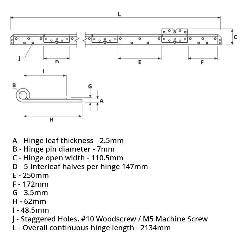 56152 Interleaf Piano Hinge - Reduced Ligature - Stainless Steel - Satin Polished - Staggered Holes 2134 x 110.5 x 2.5 x 7mm Pin