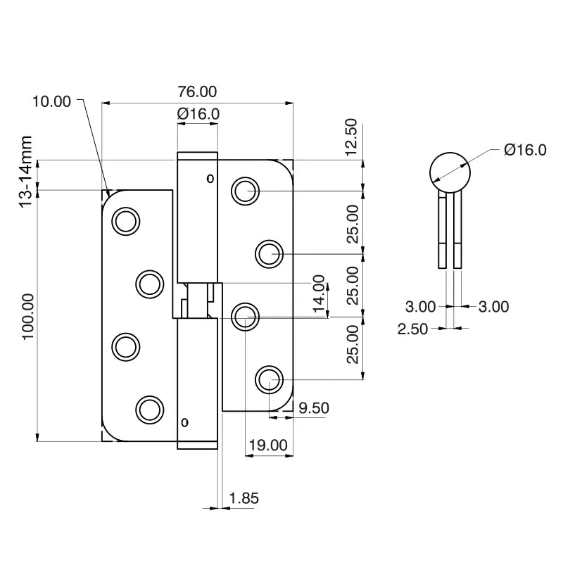 7915 Loadmaster Rising Lift Off Hinge - Radius Corner - Clockwise Close - Stainless Steel - Satin Polished 100 x 76 x 3mm