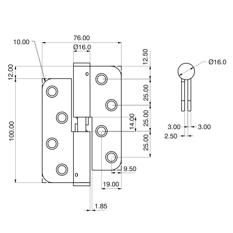 7915 Loadmaster Rising Lift Off Hinge - Radius Corner - Clockwise Close - Stainless Steel - Bright Polished 100 x 76 x 3mm