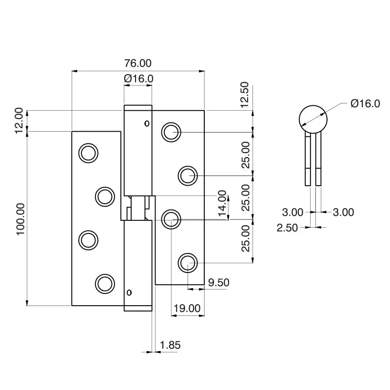 7915 Loadmaster Rising Lift Off Hinge - Square Corner - Clockwise Close - Stainless Steel - Bright Polished 100 x 76 x 3mm