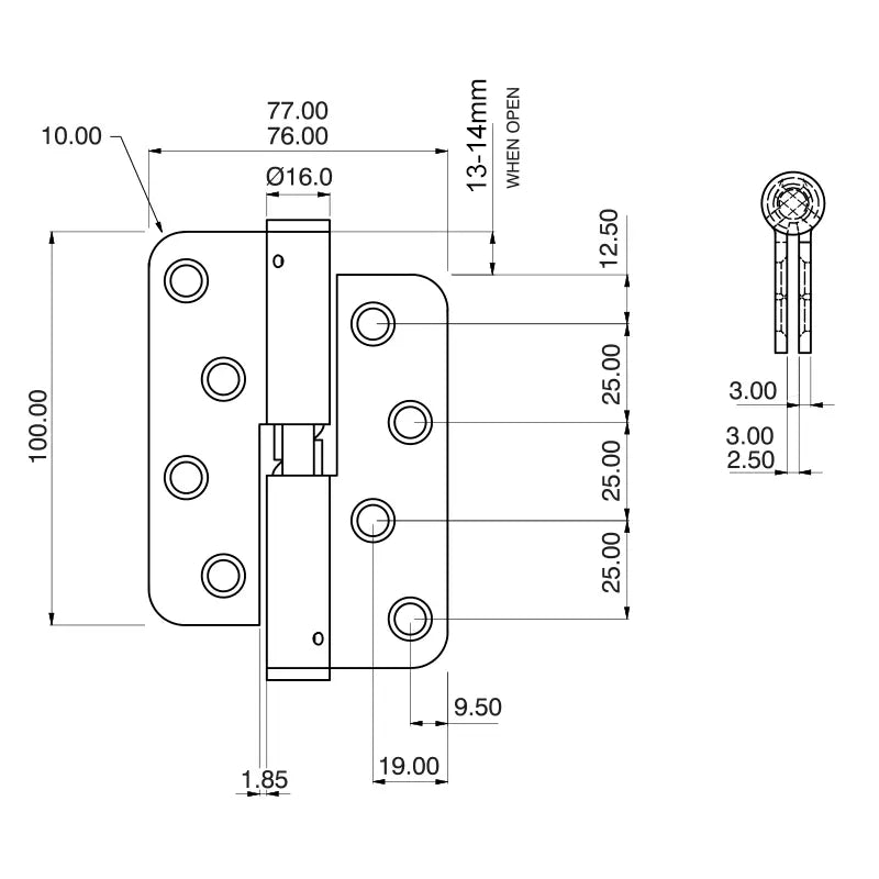 7916 Loadmaster Rising Lift Off Hinge - Radius Corner - Anti-Clockwise Close - Stainless Steel - Satin Polished 100 x 76 x 3mm