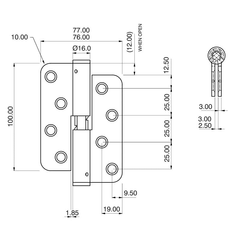 7916 Loadmaster Rising Lift Off Hinge - Radius Corner - Anti-Clockwise Close - Stainless Steel - Satin Polished 100 x 76 x 3mm