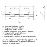 7808 Medium Duty Piano Hinge - Mild Steel - Zinc - In-line Holes 1829 x 38 x 2.0 x 5.0mm Pin