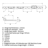 56135 Interleaf Piano Hinge - Stainless Steel - Satin Polished - Staggered Holes 2134 x 90.5 x 2.5 x 7mm Pin