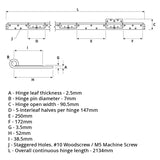 56135AL Interleaf Piano Hinge - Reduced Ligature - Stainless Steel - Satin Polished - Staggered Holes 2134 x 90.5 x 2.5 x 7mm Pin