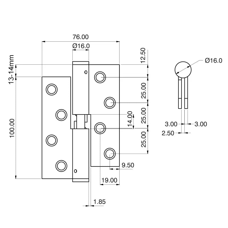 7915 Loadmaster Rising Lift Off Hinge - Square Corner - Clockwise Close - Stainless Steel - Satin Polished 100 x 76 x 3mm
