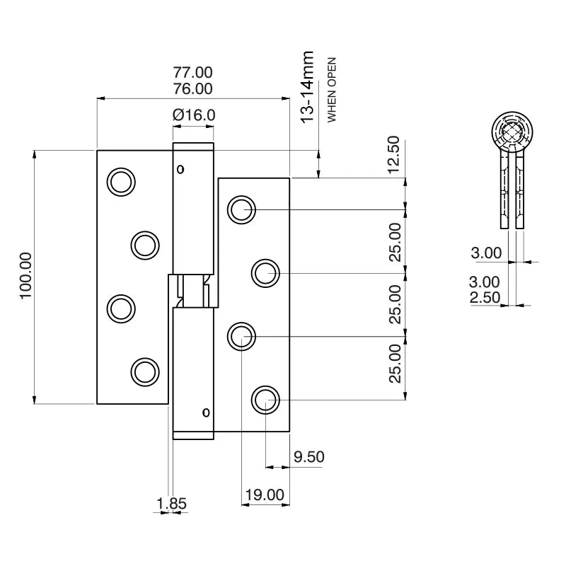 7916 Loadmaster Rising Lift Off Hinge - Square Corner - Anti-Clockwise Close - Stainless Steel - Satin Polished 100 x 76 x 3mm